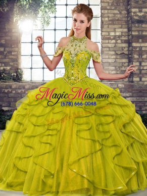 Hot Selling Olive Green Tulle Lace Up Sweet 16 Quinceanera Dress Sleeveless Floor Length Beading and Ruffles