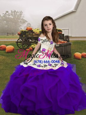 Organza Straps Sleeveless Lace Up Embroidery and Ruffles Child Pageant Dress in Purple