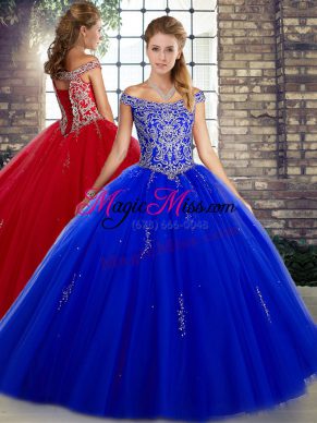 Royal Blue Ball Gowns Off The Shoulder Sleeveless Tulle Floor Length Lace Up Beading Sweet 16 Dresses