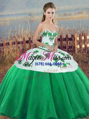 Affordable Tulle Sweetheart Sleeveless Lace Up Embroidery and Bowknot 15th Birthday Dress in Green