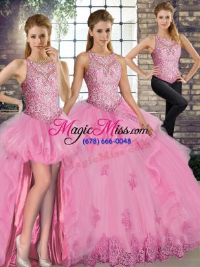 Eye-catching Rose Pink Lace Up Scoop Lace and Embroidery and Ruffles Sweet 16 Dress Tulle Sleeveless