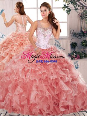 Low Price Watermelon Red Sleeveless Beading and Ruffles Floor Length 15th Birthday Dress