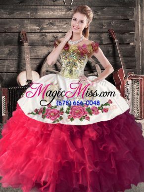 Hot Pink Ball Gowns Off The Shoulder Sleeveless Organza Floor Length Lace Up Embroidery and Ruffles Sweet 16 Dresses