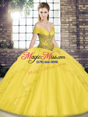 Off The Shoulder Sleeveless Lace Up Sweet 16 Quinceanera Dress Gold Tulle