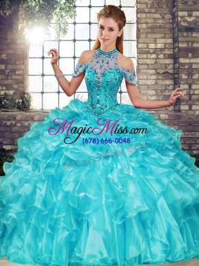 Aqua Blue 15 Quinceanera Dress Military Ball and Sweet 16 and Quinceanera with Beading and Ruffles Halter Top Sleeveless Lace Up