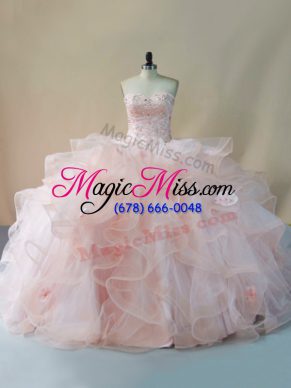 Designer Pink Quinceanera Dresses Sweetheart Sleeveless Brush Train Lace Up