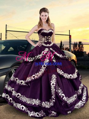 Customized Floor Length Lace Up 15th Birthday Dress Purple for Sweet 16 and Quinceanera with Embroidery and Ruffled Layers