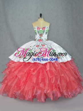 Elegant Watermelon Red Ball Gowns Embroidery and Ruffles Quinceanera Gowns Lace Up Satin and Organza Sleeveless