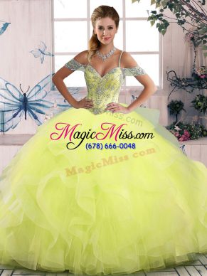 On Sale Off The Shoulder Sleeveless Side Zipper Sweet 16 Quinceanera Dress Yellow Green Tulle