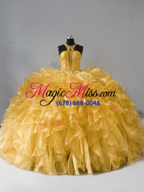 High-neck Sleeveless Organza Sweet 16 Dress Beading and Ruffles Zipper