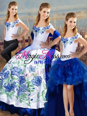 Blue And White Ball Gown Prom Dress Sweet 16 and Quinceanera with Embroidery Off The Shoulder Sleeveless Lace Up