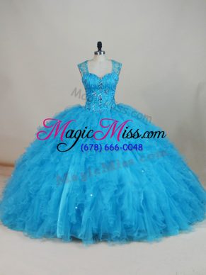 Affordable Baby Blue Zipper 15 Quinceanera Dress Beading and Ruffles Sleeveless Floor Length