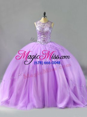 Pretty Lavender Tulle Lace Up Scoop Sleeveless Floor Length Vestidos de Quinceanera Beading