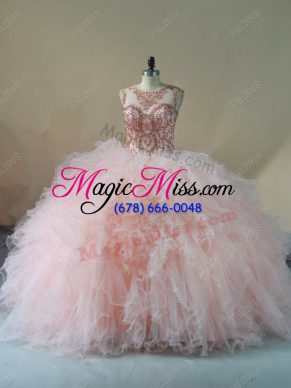 Affordable Sleeveless Tulle Brush Train Lace Up 15 Quinceanera Dress in Pink with Beading and Ruffles