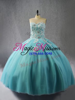 Floor Length Lace Up 15th Birthday Dress Blue for Sweet 16 and Quinceanera with Appliques