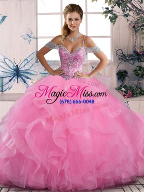 Lovely Rose Pink Lace Up Quince Ball Gowns Beading and Ruffles Sleeveless Floor Length