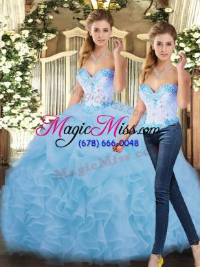 Latest Blue Organza Lace Up Sweetheart Sleeveless Floor Length Quince Ball Gowns Beading and Ruffles