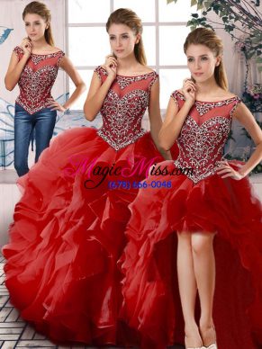 Unique Floor Length Three Pieces Sleeveless Red Sweet 16 Dress Zipper