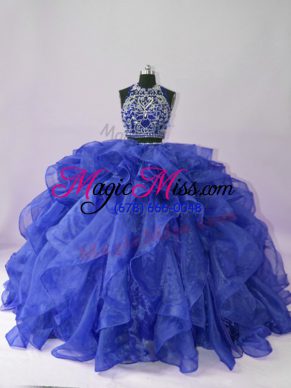 Royal Blue Two Pieces Organza Scoop Sleeveless Beading and Ruffles Floor Length Backless 15th Birthday Dress