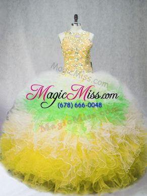 Shining Multi-color Ball Gowns Scoop Sleeveless Tulle Floor Length Zipper Beading and Ruffles Quinceanera Gown