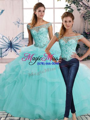 Fancy Off The Shoulder Sleeveless 15 Quinceanera Dress Floor Length Beading and Ruffles Aqua Blue Tulle