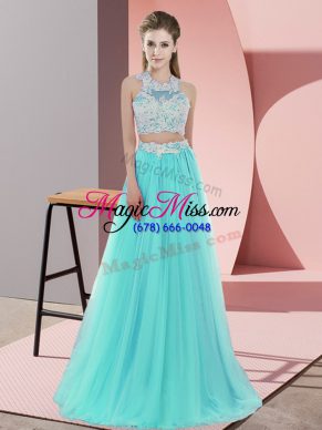 Floor Length Aqua Blue Bridesmaids Dress Halter Top Sleeveless Zipper