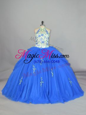 Strapless Sleeveless Lace Up Quinceanera Gown Blue Tulle