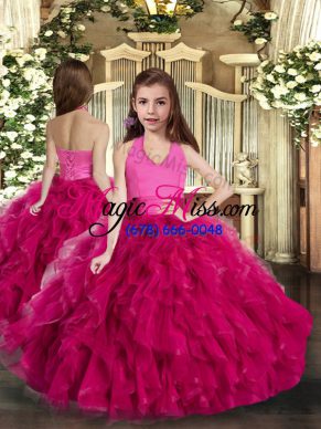 Latest Ball Gowns Child Pageant Dress Fuchsia Halter Top Tulle Sleeveless Floor Length Lace Up