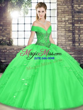 Simple Off The Shoulder Sleeveless Sweet 16 Dress Floor Length Beading and Ruffles Green Tulle