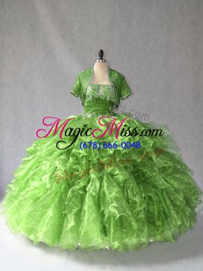 Designer Green Ball Gowns Organza Strapless Sleeveless Beading and Ruffles Floor Length Lace Up Quinceanera Dress