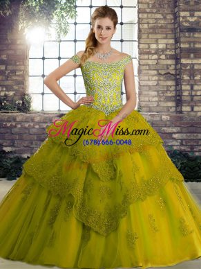 Olive Green Ball Gowns Tulle Off The Shoulder Sleeveless Beading and Lace Lace Up Sweet 16 Quinceanera Dress Brush Train