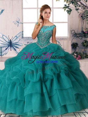 Eye-catching Teal Scoop Neckline Beading and Pick Ups Ball Gown Prom Dress Sleeveless Zipper