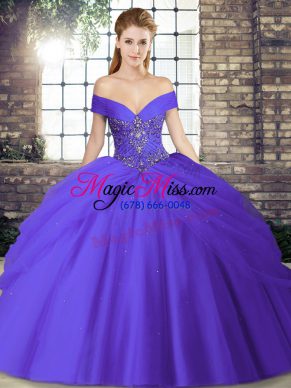 Low Price Purple Ball Gown Prom Dress Military Ball and Sweet 16 and Quinceanera with Beading and Pick Ups Off The Shoulder Sleeveless Brush Train Lace Up