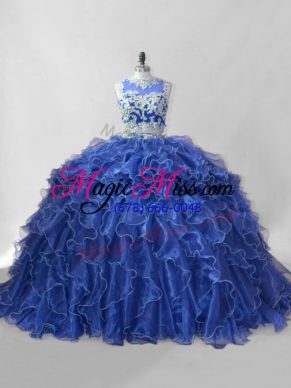 Colorful Organza Scoop Sleeveless Brush Train Zipper Beading and Ruffles Sweet 16 Dress in Blue