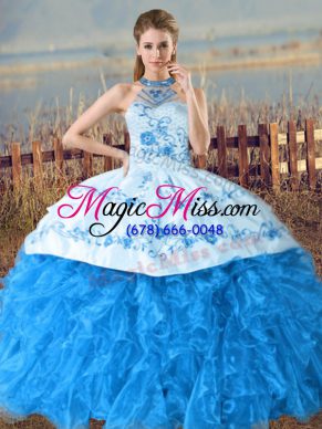 Embroidery and Ruffles 15th Birthday Dress Baby Blue Lace Up Sleeveless Court Train