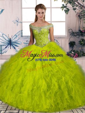 Luxurious Sleeveless Brush Train Beading and Ruffles Lace Up Quince Ball Gowns