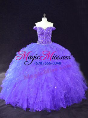 Adorable Purple Tulle Lace Up Off The Shoulder Sleeveless Floor Length Quince Ball Gowns Beading