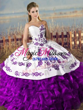 Attractive White And Purple Ball Gowns Organza Sweetheart Sleeveless Embroidery and Ruffles Floor Length Lace Up Quinceanera Dresses