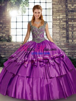 Purple Lace Up 15 Quinceanera Dress Beading and Ruffled Layers Sleeveless Floor Length