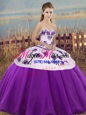 Floor Length White And Purple Quinceanera Gown Sweetheart Sleeveless Lace Up