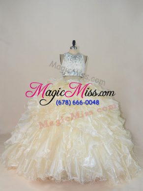 Champagne Organza Zipper Quinceanera Gowns Sleeveless Brush Train Beading and Lace