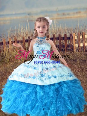 Baby Blue Ball Gowns Beading and Embroidery and Ruffles Little Girls Pageant Dress Lace Up Organza Sleeveless Floor Length