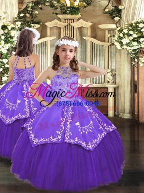 Floor Length Lace Up Kids Pageant Dress Purple for Party and Wedding Party with Beading and Embroidery