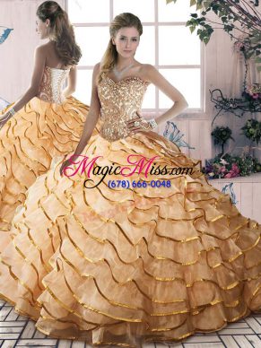 High Quality Gold Sweetheart Neckline Beading and Ruffled Layers Quinceanera Gown Sleeveless Lace Up