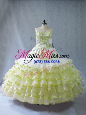 Sleeveless Organza Floor Length Quinceanera Dresses in Yellow Green with Embroidery and Ruffled Layers