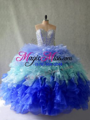 Popular Multi-color Organza Lace Up Sweetheart Sleeveless Floor Length 15th Birthday Dress Beading and Ruffles