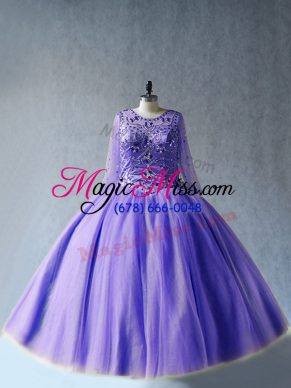 Fashionable Lavender Scoop Lace Up Beading Quince Ball Gowns Long Sleeves