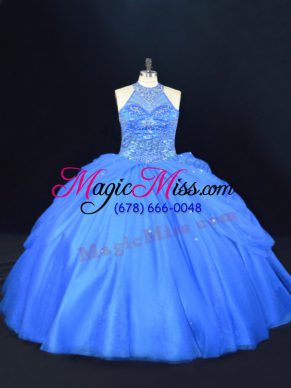 Blue Halter Top Neckline Beading Quinceanera Dresses Sleeveless Lace Up