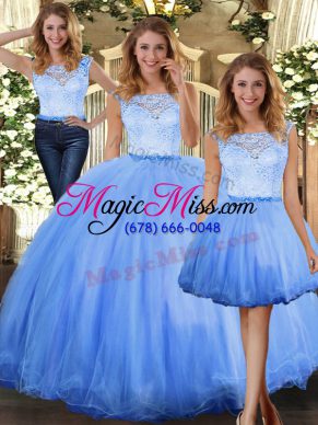 Blue Sweet 16 Quinceanera Dress Military Ball and Sweet 16 and Quinceanera with Lace Scoop Sleeveless Clasp Handle