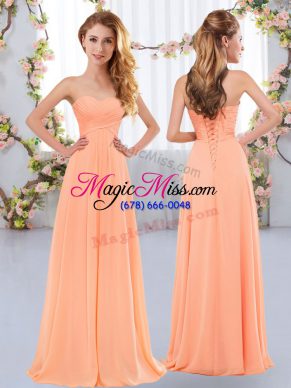 Flare Sweetheart Sleeveless Quinceanera Dama Dress Floor Length Ruching Peach Chiffon